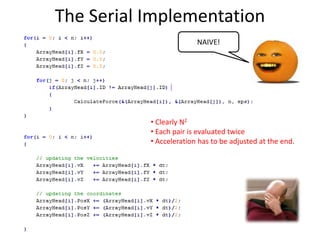 The Serial Implementation
NAIVE!

• Clearly N2
• Each pair is evaluated twice
• Acceleration has to be adjusted at the end.

 