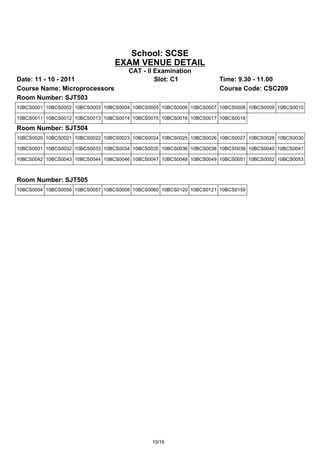 School: SCSE
                                 EXAM VENUE DETAIL
                                      CAT - II Examination
Date: 11 - 10 - 2011                           Slot: C1              Time: 9.30 - 11.00
Course Name: Microprocessors                                         Course Code: CSC209
Room Number: SJT503
10BCS0001 10BCS0002 10BCS0003 10BCS0004 10BCS0005 10BCS0006 10BCS0007 10BCS0008 10BCS0009 10BCS0010

10BCS0011 10BCS0012 10BCS0013 10BCS0014 10BCS0015 10BCS0016 10BCS0017 10BCS0018

Room Number: SJT504
10BCS0020 10BCS0021 10BCS0022 10BCS0023 10BCS0024 10BCS0025 10BCS0026 10BCS0027 10BCS0028 10BCS0030

10BCS0031 10BCS0032 10BCS0033 10BCS0034 10BCS0035 10BCS0036 10BCS0038 10BCS0039 10BCS0040 10BCS0041

10BCS0042 10BCS0043 10BCS0044 10BCS0046 10BCS0047 10BCS0048 10BCS0049 10BCS0051 10BCS0052 10BCS0053



Room Number: SJT505
10BCS0054 10BCS0056 10BCS0057 10BCS0058 10BCS0060 10BCS0120 10BCS0121 10BCS0159




                                              10/16
 