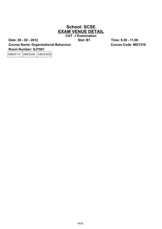 School: SCSE
                                  EXAM VENUE DETAIL
                                  CAT - I Examination
Date: 20 - 02 - 2012                      Slot: B1      Time: 9.30 - 11.00
Course Name: Organizational Behaviour                   Course Code: MGT310
Room Number: SJT501
09BCE110   09BCE209   10BCE0238




                                         18/22
 