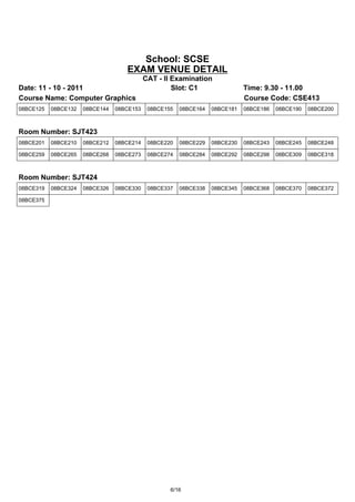School: SCSE
                                    EXAM VENUE DETAIL
                                            CAT - II Examination
Date: 11 - 10 - 2011                                 Slot: C1                 Time: 9.30 - 11.00
Course Name: Computer Graphics                                                Course Code: CSE413
08BCE125   08BCE132   08BCE144   08BCE153    08BCE155   08BCE164   08BCE181   08BCE186   08BCE190   08BCE200



Room Number: SJT423
08BCE201   08BCE210   08BCE212   08BCE214    08BCE220   08BCE229   08BCE230   08BCE243   08BCE245   08BCE248

08BCE259   08BCE265   08BCE268   08BCE273    08BCE274   08BCE284   08BCE292   08BCE298   08BCE309   08BCE318



Room Number: SJT424
08BCE319   08BCE324   08BCE326   08BCE330    08BCE337   08BCE338   08BCE345   08BCE368   08BCE370   08BCE372

08BCE375




                                                    6/16
 
