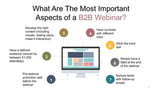 11
Pre-webinar
promotion well
before the
webinar
Have a defined
audience (should be
between 51-250
attendees)
Develop the right
content (including
visuals, stating value,
make it interactive)
Nurture leads
with follow-up
emails
Always have a
Q&A at the end
of the webinar
Ditch the hard
sell
Have co-hosts
with different
roles
1
2
3 4
5
6
7
What Are The Most Important
Aspects of a B2B Webinar?
 
