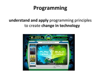 Programming understand and   apply  programming principles to create  change in technology 