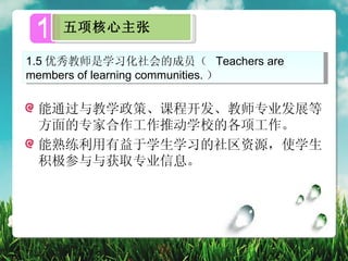 1   五项核心主张

1.5 优秀教师是学习化社会的成员（ Teachers are
members of learning communities. ）

 能通过与教学政策、课程开发、教师专业发展等
 方面的专家合作工作推动学校的各项工作。
 能熟练利用有益于学生学习的社区资源，使学生
 积极参与与获取专业信息。
 
