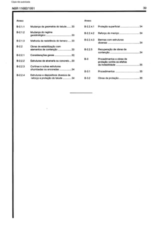 C6pia impressa pelo Sistema CENWIN
NBR 11682/1991 39
Anexo
B-2.1 .l
B-2.1.2
B-2.1.3
B-2.2
B-2.2.1
B-2.2.2
B-2.2.3
B-2.2.4
Mudanpa da geometria do talude.......33
Mudanca do regime
geoidrologico ......................................33
Melhoria da resistencia do terreno .....33
Obras de estabilizagao corn
elementos de contengSo ....................33
Consideragdes gerais .........................33
Estruturas de alvenaria ou concrete ...33
Cortinas e outras estruturas
chumbadas ou ancoradas ..................34
Estruturas e dispositivos diversos de
reforgo e proteptio do talude .............34
Anexo
B-2.2.4.1
B-2.2.4.2
B-2.2.4.3
B-2.2.5
B-3
B-3.1
B-3.2
Proteqlo superficial ............................ 34
Reforco do macico .............................34
Bermas corn estruturas
diversas ..............................................34
RecuperacBo de obras de
contengao ...........................................34
Procedimentos 8 obras de
prot@o contra 0s efeitos
de instabilidade ..................................35
Procedimentos ...................................35
Obras de protecao ..............................35
Cópia não autorizada
 