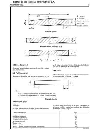 NBR11888/1992 3
3.9 Dimensão nominal
Dimensão especificada na encomenda, que fixa a origem
dos afastamentos.
3.10 Perfil transversal
Representação gráfica dos valores da espessura ao lon-
go da largura, tomadas numa seção perpendicular à dire-
ção final da laminação do produto plano.
3.11 Cunha
Diferença entre as espessuras das duas bordas do produ-
to plano laminado, conforme a Figura 4.
L = largura
x = 10 mm
(bordas aparadas)
ou 20 mm
(bordas naturais)
Figura 3 - Coroa negativa (C  0)
Figura 2 - Coroa positiva (C  0)
Figura 1 - Coroa
Onde:
e1, e2 = espessuras tomadas a partir das bordas, em mm
X = 10 mm (bordas aparadas) ou 20 mm (bordas naturais)
Figura 4 - Cunha
4 Condições gerais
4.1 Siglas
As siglas que devem ser utilizadas, quando for convenien-
te a designação simplificada de termos e expressões re-
ferentes a produtos planos laminados de aço, são dadas
conforme o quadro a seguir.
Termo ou expressão Sigla
Acabamento áspero AS
Acabamento brilhante BR
Acabamento espelhado ES
Acabamento fosco FS
Bobina a frio BF
Bobina a quente BQ
Bobina a quente, com laminação de acabamento BQA
/continua
	
 