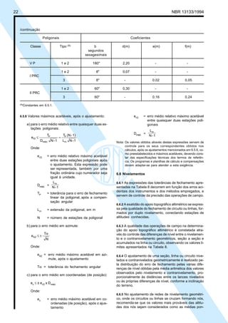 Cópia não autorizada
22                                                                                                          NBR 13133/1994



     /continuação

                       Poligonais                                               Coeficientes

            Classe                   Tipo (A)              b             d(m)                  e(m)                  f(m)
                                                        segundos
                                                      sexagesimais

           VP                            1e2              180"           2,20                   -                     -

                                         1e2                8"           0,07                   -                     -
           I PRC
                                         3                  8"            -                    0,02                  0,05

                                         1e2               60"           0,30                   -                     -
           II PRC
                                         3                 60"            -                    0,16                  0,24

     (A)Constantes   em 6.5.1.


     6.5.8 Valores máximos aceitáveis, após o ajustamento:                       erD    = erro médio relativo máximo aceitável
                                                                                          entre quaisquer duas estações poli-
         a) para o erro médio relativo entre quaisquer duas es-                           gonais
            tações poligonais:
                                                                                            Lm
                                                                                 Dméd. =
                          TP             TP (N - 1)                                         N-1
             erD ≤                   =
                     Dméd. N - 1         Lm N - 1                    Nota: Os valores obtidos através destas expressões servem de
                                                                           controle para os seus correspondentes obtidos nos
            Onde:
                                                                           cálculos, após os ajustamentos mencionados em 6.5.6, co-
                                                                           mo preestabelecidos e máximos aceitáveis, devendo cons-
                 erD      = erro médio relativo máximo aceitável           tar das especificações técnicas dos termos de referên-
                            entre duas estações poligonais após            cia. Os programas e planilhas de cálculo e compensações
                            o ajustamento. Esta expressão pode             devem adaptar-se para atender a esta exigência.
                            ser representada, também por uma
                            fração ordinária cujo numerador seja     6.6 Nivelamentos
                            igual à unidade.
                               Lm                                    6.6.1 As expressões das tolerâncias de fechamento apre-
                 Dméd. =
                               N-1                                   sentadas na Tabela 8 decorrem em função dos erros aci-
                                                                     dentais dos instrumentos e dos métodos empregados, e
                 TP       = tolerância para o erro de fechamento
                                                                     servem de controle da precisão das operações de campo.
                            linear da poligonal, após a compen-
                            sação angular
                                                                     6.6.2 A exatidão do apoio topográfico altimétrico se expres-
                 Lm       = extensão da poligonal, em m              sa pela qualidade do fechamento de circuito ou linhas, for-
                                                                     mados por duplo nivelamento, conectando estações de
                 N        = número de estações da poligonal          altitudes conhecidas.

         b) para o erro médio em azimute:                            6.6.3 A qualidade das operações de campo na determina-
                                                                     ção do apoio topográfico altimétrico é constatada atra-
                        Tα                                           vés do controle das diferenças de nível entre o nivelamen-
             eAZ ≤ ±
                         N                                           to e o contranivelamento geométricos, seção a seção e
                                                                     acumulados na linha ou circuito, observando os valores li-
            Onde:                                                    mites apresentados na Tabela 8.

                 eAZ = erro médio máximo aceitável em azi-           6.6.4 O ajustamento de uma seção, linha ou circuito nive-
                       mute, após o ajustamento                      lados e contranivelados geometricamente é realizado pe-
                                                                     la distribuição do erro de fechamento pelas várias dife-
                 Tα = tolerância do fechamento angular               renças de nível obtidas pela média aritmética dos valores
                                                                     observados pelo nivelamento e contranivelamento, pro-
         c) para o erro médio em coordenadas (de posição):
                                                                     porcionalmente às distâncias entre os lances nivelados
                                                                     ou às próprias diferenças de nível, conforme a inclinação
            ev ≤ ± erD x Dméd.
                                                                     do terreno.
            Onde:
                                                                     6.6.5 No ajustamento de redes de nivelamento geométri-
                 ev       = erro médio máximo aceitável em co-       co, onde os circuitos ou linhas se cruzam formando nós,
                            ordenadas (de posição), após o ajus-     recomenda-se que os valores mais prováveis das altitu-
                            tamento                                  des dos nós sejam considerados como as médias pon-
 