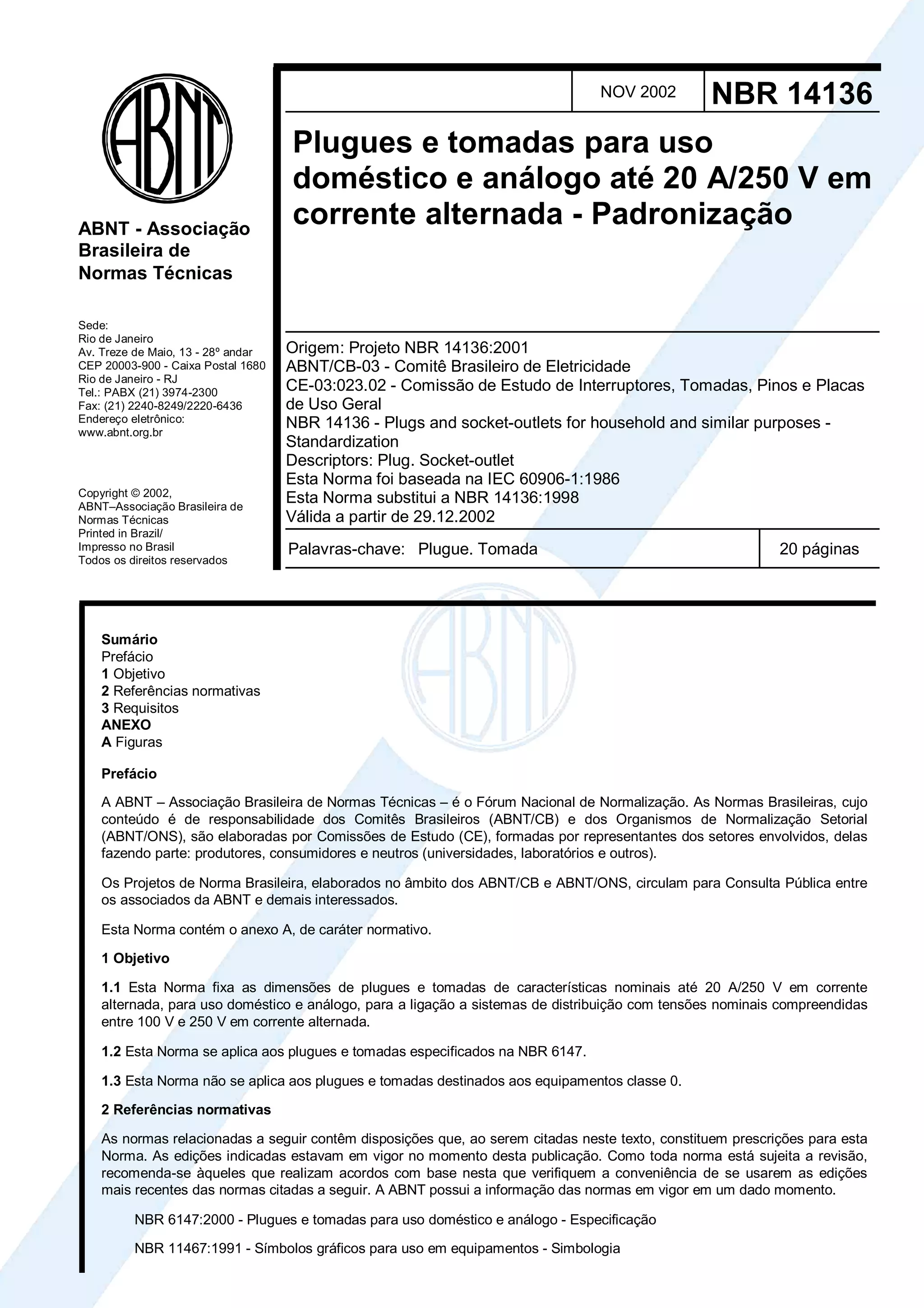 Nbr 14136 (2002) Plugues Tomadas Uso Domestico E An Logo 20a250 Vca ...