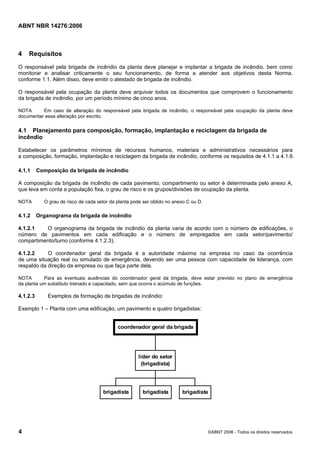 ABNT NBR 14276:2006
4 ©ABNT 2006 - Todos os direitos reservados
4 Requisitos
O responsável pela brigada de incêndio da planta deve planejar e implantar a brigada de incêndio, bem como
monitorar e analisar criticamente o seu funcionamento, de forma a atender aos objetivos desta Norma,
conforme 1.1, Além disso, deve emitir o atestado de brigada de incêndio.
O responsável pela ocupação da planta deve arquivar todos os documentos que comprovem o funcionamento
da brigada de incêndio, por um período mínimo de cinco anos.
NOTA Em caso de alteração do responsável pela brigada de incêndio, o responsável pela ocupação da planta deve
documentar essa alteração por escrito.
4.1 Planejamento para composição, formação, implantação e reciclagem da brigada de
incêndio
Estabelecer os parâmetros mínimos de recursos humanos, materiais e administrativos necessários para
a composição, formação, implantação e reciclagem da brigada de incêndio, conforme os requisitos de 4.1.1 a 4.1.6.
4.1.1 Composição da brigada de incêndio
A composição da brigada de incêndio de cada pavimento, compartimento ou setor é determinada pelo anexo A,
que leva em conta a população fixa, o grau de risco e os grupos/divisões de ocupação da planta.
NOTA O grau de risco de cada setor da planta pode ser obtido no anexo C ou D.
4.1.2 Organograma da brigada de incêndio
4.1.2.1 O organograma da brigada de incêndio da planta varia de acordo com o número de edificações, o
número de pavimentos em cada edificação e o número de empregados em cada setor/pavimento/
compartimento/turno (conforme 4.1.2.3).
4.1.2.2 O coordenador geral da brigada é a autoridade máxima na empresa no caso da ocorrência
de uma situação real ou simulado de emergência, devendo ser uma pessoa com capacidade de liderança, com
respaldo da direção da empresa ou que faça parte dela.
NOTA Para as eventuais ausências do coordenador geral da brigada, deve estar previsto no plano de emergência
da planta um substituto treinado e capacitado, sem que ocorra o acúmulo de funções.
4.1.2.3 Exemplos de formação de brigadas de incêndio:
Exemplo 1 – Planta com uma edificação, um pavimento e quatro brigadistas:
brigadista brigadista brigadista
líder do setor
(brigadista)
coordenador geral da brigada
 