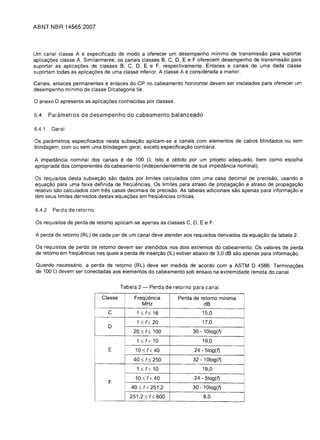 ABNT NBR 14565:2007



Um canal classe A e especificado de modo a oferecer um desempenho minima de transmissao para suportar
aplicac;:oes c1asse A. Similarmente, os canais classes B, C, D, E e F oferecem desempenho de transmissao para
suportar as aplicac;:oes de classes B, C, D, E e F, respectivamente. Enlaces e canais de uma dada classe
suportam todas as aplicac;:oes de uma c1asse inferior. A c1asse A e considerada a menor.

Canais, enlaces permanentes e enlaces do CP no cabeamento horizontal devem ser instalados para oferecer um
desempenho mlnimo de c1asse D/categoria 5e.

o anexo D apresenta as aplicac;:oes conhecidas por classes.
6.4     Parametros de desempenho do cabeamento balanceado

6.4.1    Geral

Os para metros especificados nesta subsec;:ao aplicam-se a canais com elementos de cabos blindados ou sem
blindagem, com ou sem uma blindagem geral, exceto especificac;:ao contraria.

A impedancia nominal dos canais      e
                                   de 100 O. Isto               e
                                                     obtido par um projeto adequado, bem como escolha
apropriada dos componentes do cabeamento (independentemente de sua impedancia nominal).

Os requisitos desta subsec;:ao sao dados par limites calculados com uma casa decimal de precisao, usando a
equac;:ao para uma faixa definida de frequencias. Os limites para atraso de propagac;:ao e atraso de propagac;:ao
relativo sao calculados com tres casas decimais de precisao. As tabelas adicionais sao apenas para informac;:ao e
tem seus limites derivados destas equac;:6es em frequencias criticas.

6.4.2    Perda de retorno

Os requisitos de perda de retorno aplicam-se apenas as classes C, D, E e F.

A perda de retorno (RL) de cada par de um canal deve atender aos requisitos derivados da equac;:ao da tabela 2.

Os requisitos de perda de retorno devem ser atendidos nos dais extremos do cabeamento. Os valores de perda
de retorno em frequencias nas quais a perda de inserc;:ao (IL) estiver abaixo de 3,0 dB sao apenas para informac;:ao.

Quando necessaria, a perda de retorno (RL) deve ser medida de acordo com a ASTM D 4566. Terminac;:oes
de 100 0 devem ser conectadas aos elementos do cabeamento sob ensaio na extremidade remota do canal.


                                     Tabela 2 -        Perda de retorno para canal

                            Classe         Frequencia               Perda de retorno minima
                                              MHz                             dB
                               C            1~f~16                           15,0
                                            1 ~ f < 20                       17,0
                               D
                                          20    ~ f~     100             30 - 101og(f)
                                            1~f<10                           19,0
                               E           10     ~   f < 40              24 - 5log(f)
                                          40    ~     f ~ 250            32 - 101og(f)
                                              1~f<10                         19,0
                                           10     ~   f < 40              24 - 5log(f)
                               F
                                         40   ~   f< 251,2               30 - 101og(f)
                                         251,2~f~600                          8,0
 
