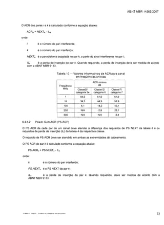 ABNT NBR 14565:2007



o ACR dos pares i eke calculado conforme a equac;:ao abaixo:


onde:

              e0   numero do par interferente;

    k         e 0 numero do par interferido;
    NEXTik    e a paradiafonia acoplada no par k, a partir do sinal interferente no par i;
    ILk    e a perda de inserc;:ao do par k. Quando requerido, a perda de inserc;:ao deve ser medida de acordo
    com a ABNT NBR 9133.


                               Tabela 10 -      Valores informativos de ACR para canal
                                                 em freqOencias crfticas

                                                                ACR minimo
                                  Frequelncia                      dB
                                     MHz          ClasseD/       Classe EI     Classe FI
                                                 categoria 5e   categoria 6   categoria 7
                                       1             56,0          61.0          61,0
                                      16             34,5          44,9          56,9
                                     100             6,1           18.2          42,1
                                     250             N/A           -2,8          23,1
                                     600             N/A           N/A           -3,4

6.4.5.2     Power Sum ACR (PS ACR)

o  PS ACR de cada par de um canal deve atender a diferenc;:a dos requisitos de PS NEXT da tabela 8 e os
requisitos de perda de inserc;:ao (IL) da tabela 4 da respectiva classe.

o requisito de PS ACR deve ser atendido em ambas as extremidades do cabeamento.
o PS ACR do par k e calculado conforme a equac;:ao abaixo:


onde:

        k          e0   numero do par interferido;

        PS NEXTk   e 0 PS NEXT do par k;
        ILk      e a perda de inserc;:ao do par k. Quando requerido, deve ser medida de acordo com a
        ABNT NBR 9133.




                                                                                                               33
 