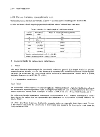 ABNT NBR 14565:2007



6.4.13 Diferen<;:a de atraso de propaga<;:ao (delay skew)


a atraso de propaga<;:ao relativo entre todos os pares do canal deve atender aos requisitos da tabela 19.


Quando requerido, 0 atraso de propaga<;:ao relativo deve ser medido conforme a ASTM D 4566.



                                        Tabela 19 -        Atraso de propaga<;:ao relativo para canal

                             Classel          FrequEmcia              Atraso de propaga<;:ao relativo (maximo)
                           categoria             MHz                                   lls
                               A                 , - 0,1                                    N/A

                                B              0,1 5' 5 1                                   N/A
                   ,
                               C/3             1 5' 516                                    0,050 a

                              D/5e             1 5' 5 100                                  0,050 a

                               E/6             1 5 (5 250                                  0,050 a
                   i           F/7                                                         0,030
                   'I
                                               1 5'5600                                            b


                   I 'Este e 0 resultado do calculo 0,045          + (4   X   0,00125).

                   l
                       I


                            Este   e0   resultado do calculo 0,025 + (4   X   0,00125).


7      Implementac;:ao do cabeamento balanceado

7.1      Geral

Esta se<;:ao descreve implementa<;:oes de cabeamento balanceado generico que utilizam materiais e produtos
referenciados nas se<;:oes 9, 10 e 13. Esta referencia de implementa<;:ao esta em conformidade com os requisitos
da se<;:80 5 e tambem esta em conformidade com os requisitos de desempenho de canal da se<;:ao 6, quando
instalados de acordo com a ISOIIEC TR 14763-2.

 7.2     Cabeamento balanceado

 7.2.1    Geral

 as componentes balanceados mencionados nas se<;:oes 9 e 10 sao definidos em fun<;:ao da impedancia e categoria.
 Na referencia de implementa<;:ao desta se<;:ao, os componentes usados em cada canal de cabeamento devem ter a
 mesma impedancia nominal, isto e, 100 n para as classes Date F, e 100 n ou 120 n para as classes A ate C.

As implementa<;:oes sao baseadas no desempenho dos componentes a 20°C. a efeito da temperatura sobre 0
desempenho dos cabos deve ser considerado pela degrada<;:ao do comprimento, conforme mostrado nas
tabelas 20 e 21.

as cabos e 0 hardware de conexao de diferentes categorias podem ser misturados dentro de um canal. Contudo,
o desempenho resultante do cabeamento e determinado pela categoria de desempenho mais baixa dos
componentes utilizados.
 