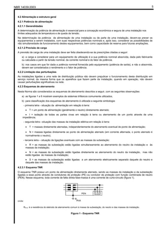 NBR 14039:2003 5
4.2 Alimentação e estrutura geral
4.2.1 Potência de alimentação
4.2.1.1 Generalidades
A determinação da potência de alimentação é essencial para a concepção econômica e segura de uma instalação nos
limites adequados de temperatura e de queda de tensão.
Na determinação da potência de alimentação de uma instalação ou de parte de uma instalação, devem-se prever os
equipamentos a serem instalados, com suas respectivas potências nominais e, após isso, considerar as possibilidades de
não simultaneidade de funcionamento destes equipamentos, bem como capacidade de reserva para futuras ampliações.
4.2.1.2 Previsão de carga
A previsão de carga de uma instalação deve ser feita obedecendo-se às prescrições citadas a seguir:
a) a carga a considerar para um equipamento de utilização é a sua potência nominal absorvida, dada pelo fabricante
ou calculada a partir da tensão nominal, da corrente nominal e do fator de potência;
b) nos casos em que for dada a potência nominal fornecida pelo equipamento (potência de saída), e não a absorvida,
devem ser considerados o rendimento e o fator de potência.
4.2.2 Limitação das perturbações
As instalações ligadas a uma rede de distribuição pública não devem prejudicar o funcionamento desta distribuição em
serviço normal, da mesma forma que os aparelhos que fazem parte da instalação, quando em operação, não devem
causar perturbações significativas na rede.
4.2.3 Esquemas de aterramento
Nesta Norma são considerados os esquemas de aterramento descritos a seguir, com as seguintes observações:
a) as figuras 1 a 6 mostram exemplos de sistemas trifásicos comumente utilizados;
b) para classificação dos esquemas de aterramento é utilizada a seguinte simbologia:
- primeira letra - situação da alimentação em relação à terra:
• T = um ponto de alimentação (geralmente o neutro) diretamente aterrado;
• I = isolação de todas as partes vivas em relação à terra ou aterramento de um ponto através de uma
impedância;
- segunda letra - situação das massas da instalação elétrica em relação à terra:
• T = massas diretamente aterradas, independentemente do aterramento eventual de ponto de alimentação;
• N = massas ligadas diretamente ao ponto de alimentação aterrado (em corrente alternada, o ponto aterrado é
normalmente o neutro);
- terceira letra – situação de ligações eventuais com as massas da subestação:
• R = as massas da subestação estão ligadas simultaneamente ao aterramento do neutro da instalação e às
massas da instalação;
• N = as massas da subestação estão ligadas diretamente ao aterramento do neutro da instalação, mas não
estão ligadas às massas da instalação;
• S = as massas da subestação estão ligadas a um aterramento eletricamente separado daquele do neutro e
daquele das massas da instalação.
4.2.3.1 Esquema TNR
O esquema TNR possui um ponto da alimentação diretamente aterrado, sendo as massas da instalação e da subestação
ligadas a esse ponto através de condutores de proteção (PE) ou condutor de proteção com função combinada de neutro
(PEN). Nesse esquema, toda corrente de falta direta fase-massa é uma corrente de curto-circuito (figura 1).
onde:
RPnA é a resistência do eletrodo de aterramento comum à massa da subestação, do neutro e das massas da instalação.
Figura 1 - Esquema TNR
PEN
Cópia não autorizada
 