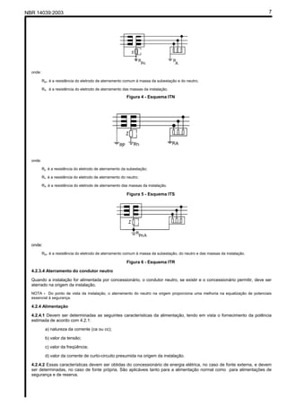 NBR 14039:2003 7
onde:
Rpn é a resistência do eletrodo de aterramento comum à massa da subestação e do neutro;
RA é a resistência do eletrodo de aterramento das massas da instalação.
Figura 4 - Esquema ITN
onde:
Rp é a resistência do eletrodo de aterramento da subestação;
Rn é a resistência do eletrodo de aterramento do neutro;
RA é a resistência do eletrodo de aterramento das massas da instalação.
Figura 5 - Esquema ITS
onde:
Rpn é a resistência do eletrodo de aterramento comum à massa da subestação, do neutro e das massas da instalação.
Figura 6 - Esquema ITR
4.2.3.4 Aterramento do condutor neutro
Quando a instalação for alimentada por concessionário, o condutor neutro, se existir e o concessionário permitir, deve ser
aterrado na origem da instalação.
NOTA - Do ponto de vista da instalação, o aterramento do neutro na origem proporciona uma melhoria na equalização de potenciais
essencial à segurança.
4.2.4 Alimentação
4.2.4.1 Devem ser determinadas as seguintes características da alimentação, tendo em vista o fornecimento da potência
estimada de acordo com 4.2.1:
a) natureza da corrente (ca ou cc);
b) valor da tensão;
c) valor da freqüência;
d) valor da corrente de curto-circuito presumida na origem da instalação.
4.2.4.2 Essas características devem ser obtidas do concessionário de energia elétrica, no caso de fonte externa, e devem
ser determinadas, no caso de fonte própria. São aplicáveis tanto para a alimentação normal como para alimentações de
segurança e de reserva.
Cópia não autorizada
 