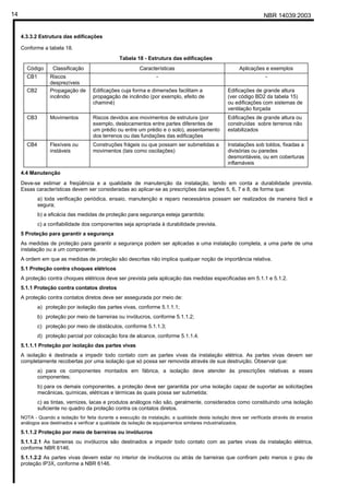 NBR 14039:200314
4.3.3.2 Estrutura das edificações
Conforme a tabela 18.
Tabela 18 - Estrutura das edificações
Código Classificação Características Aplicações e exemplos
CB1 Riscos
desprezíveis
- -
CB2 Propagação de
incêndio
Edificações cuja forma e dimensões facilitam a
propagação de incêndio (por exemplo, efeito de
chaminé)
Edificações de grande altura
(ver código BD2 da tabela 15)
ou edificações com sistemas de
ventilação forçada
CB3 Movimentos Riscos devidos aos movimentos de estrutura (por
exemplo, deslocamentos entre partes diferentes de
um prédio ou entre um prédio e o solo), assentamento
dos terrenos ou das fundações das edificações
Edificações de grande altura ou
construídas sobre terrenos não
estabilizados
CB4 Flexíveis ou
instáveis
Construções frágeis ou que possam ser submetidas a
movimentos (tais como oscilações)
Instalações sob toldos, fixadas a
divisórias ou paredes
desmontáveis, ou em coberturas
inflamáveis
4.4 Manutenção
Deve-se estimar a freqüência e a qualidade de manutenção da instalação, tendo em conta a durabilidade prevista.
Essas características devem ser consideradas ao aplicar-se as prescrições das seções 5, 6, 7 e 8, de forma que:
a) toda verificação periódica, ensaio, manutenção e reparo necessários possam ser realizados de maneira fácil e
segura;
b) a eficácia das medidas de proteção para segurança esteja garantida;
c) a confiabilidade dos componentes seja apropriada à durabilidade prevista.
5 Proteção para garantir a segurança
As medidas de proteção para garantir a segurança podem ser aplicadas a uma instalação completa, a uma parte de uma
instalação ou a um componente.
A ordem em que as medidas de proteção são descritas não implica qualquer noção de importância relativa.
5.1 Proteção contra choques elétricos
A proteção contra choques elétricos deve ser prevista pela aplicação das medidas especificadas em 5.1.1 e 5.1.2.
5.1.1 Proteção contra contatos diretos
A proteção contra contatos diretos deve ser assegurada por meio de:
a) proteção por isolação das partes vivas, conforme 5.1.1.1;
b) proteção por meio de barreiras ou invólucros, conforme 5.1.1.2;
c) proteção por meio de obstáculos, conforme 5.1.1.3;
d) proteção parcial por colocação fora de alcance, conforme 5.1.1.4.
5.1.1.1 Proteção por isolação das partes vivas
A isolação é destinada a impedir todo contato com as partes vivas da instalação elétrica. As partes vivas devem ser
completamente recobertas por uma isolação que só possa ser removida através de sua destruição. Observar que:
a) para os componentes montados em fábrica, a isolação deve atender às prescrições relativas a esses
componentes;
b) para os demais componentes, a proteção deve ser garantida por uma isolação capaz de suportar as solicitações
mecânicas, químicas, elétricas e térmicas às quais possa ser submetida;
c) as tintas, vernizes, lacas e produtos análogos não são, geralmente, considerados como constituindo uma isolação
suficiente no quadro da proteção contra os contatos diretos.
NOTA - Quando a isolação for feita durante a execução da instalação, a qualidade desta isolação deve ser verificada através de ensaios
análogos aos destinados a verificar a qualidade da isolação de equipamentos similares industrializados.
5.1.1.2 Proteção por meio de barreiras ou invólucros
5.1.1.2.1 As barreiras ou invólucros são destinados a impedir todo contato com as partes vivas da instalação elétrica,
conforme NBR 6146.
5.1.1.2.2 As partes vivas devem estar no interior de invólucros ou atrás de barreiras que confiram pelo menos o grau de
proteção IP3X, conforme a NBR 6146.
Cópia não autorizada
 