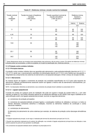 NBR 14039:200318
Tabela 21 - Distâncias mínimas x tensão nominal da instalação
Distância mínima
fase/terra
e fase/fase
1)
Interno Externo
Tensão nominal
da
instalação
kV
Tensão de ensaio à freqüência
industrial
( valor eficaz)
kV
Tensão suportável nominal de
impulso atmosférico
( valor de pico )
kV
mm
3 10 20
40
60
60
120
120
4,16 19 60 90 120
6 20 40
60
60
90
120
120
13,8 34 95
110
125
160
180
220
23,1 50 95
125
160
220
34,5 70 145
170
270
320
1)
Estes afastamentos devem ser tomados entre extremidades mais próximas e não de centro a centro. Os valores de distâncias mínimas
indicados podem ser aumentados, a critério do projetista, em função da classificação das influências externas.
5.1.2 Proteção contra contatos indiretos
5.1.2.1 Princípios básicos
A proteção contra contatos indiretos deve ser garantida pelo aterramento e pela eqüipotencialização descritos em 5.1.2.1.1
e 5.1.2.1.2, sendo que o seccionamento automático da alimentação descrito em 5.1.2.2 é uma medida que visa garantir a
integridade dos componentes dos sistemas de aterramento e de eqüipotencialização e limitar o tempo de duração da falta.
5.1.2.1.1 Aterramento
As massas devem ser ligadas a condutores de proteção nas condições especificadas em 4.2.3 para cada esquema de
aterramento. Massas simultaneamente acessíveis devem ser ligadas à mesma rede de aterramento individualmente, por
grupos ou coletivamente.
NOTA - As disposições referentes ao aterramento e aos condutores de proteção devem satisfazer as prescrições de 6.4.
5.1.2.1.2 Ligação eqüipotencial
A tensão de contato em qualquer ponto da instalação não pode ser superior à tensão de contato limite (UL ), com valor
indicado na tabela 22. Aos limites indicados aplicam-se as tolerâncias definidas na IEC 60038. Esta regra é satisfeita se em
cada edificação existir uma ligação eqüipotencial principal, reunindo os seguintes elementos:
a) condutor(es) de proteção principal(is);
b) condutores de eqüipotencialidade principais ligados a canalizações metálicas de utilidades e serviços e a todos os
demais elementos condutores estranhos à instalação, incluindo os elementos metálicos da construção e outras
estruturas metálicas;
c) condutor(es) de aterramento;
d) eletrodo(s) de aterramento de outros sistemas (por exemplo, de sistemas de proteção contra descargas atmosféricas
etc.).
NOTAS
1 A ligação eqüipotencial principal, via de regra, é realizada pelo terminal de aterramento principal (ver 6.4.2.4).
2 Quando tais elementos originarem-se do exterior da edificação, sua conexão à ligação eqüipotencial principal deve ser efetuada o mais
próximo possível do ponto em que penetram na edificação.
3 Os condutores de eqüipotencialidade devem satisfazer às prescrições de 6.4.
Cópia não autorizada
 