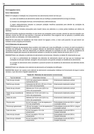 NBR 14039:200354
6.4.2 Ligações à terra
6.4.2.1 Aterramento
6.4.2.1.1 A seleção e instalação dos componentes dos aterramentos devem ser tais que:
a) o valor da resistência de aterramento obtida não se modifique consideravelmente ao longo do tempo;
b) resistam às solicitações térmicas, termomecânicas e eletromecânicas;
c) sejam adequadamente robustos ou possuam proteção mecânica apropriada para atender às condições de
influências externas (ver 4.3).
6.4.2.1.2 Devem ser tomadas precauções para impedir danos aos eletrodos e a outras partes metálicas por efeitos de
eletrólise.
6.4.2.1.3 Conexões mecânicas embutidas no solo devem ser protegidas contra corrosão, através de caixa de inspeção com
diâmetro mínimo de 250 mm que permita o manuseio de ferramenta. Esta exigência não se aplicaria a conexões entre
peças de cobre ou cobreadas, com solda exotérmica.
6.4.2.1.4 Os pára-raios de resistência não linear devem ter ligação a terra, a mais curta possível, na qual devem ser
evitados curvas e ângulos pronunciados.
6.4.2.2 Eletrodos de aterramento
6.4.2.2.1 O eletrodo de aterramento deve constituir uma malha sob o piso da edificação, no mínimo um anel circundando o
perímetro da edificação. A eficiência de qualquer eletrodo de aterramento depende da sua distribuição espacial e das
condições locais do solo; deve ser selecionado um eletrodo adequado às condições do solo, ao valor da resistência de
aterramento exigida pelo esquema de aterramento adotado e a tensão de contato máxima de acordo com 5.1.2.1.2.
6.4.2.2.2 Podem ser utilizados os eletrodos de aterramento convencionais, indicados na tabela 39, observando-se que:
a) o tipo e a profundidade de instalação dos eletrodos de aterramento devem ser tais que as mudanças nas
condições do solo (por exemplo, secagem) não provoquem uma grande variação na resistência do aterramento;
b) o projeto do aterramento deve considerar o possível aumento da resistência de aterramento dos eletrodos devido
à corrosão.
6.4.2.2.3 Podem ser utilizadas como eletrodo de aterramento as fundações da edificação.
6.4.2.2.4 Não devem ser usados como eletrodo de aterramento canalizações metálicas de fornecimento de água e outros
serviços, o que não exclui a ligação eqüipotencial.
Tabela 39 - Eletrodos de aterramento convencionais
Tipo de eletrodo Dimensões mínimas Observações
Tubo de aço zincado 2,40 m de comprimento e diâmetro
nominal de 25 mm
Enterramento totalmente vertical
Perfil de aço zincado Cantoneira de (20 mm x 20 mm x 3 mm)
com 2,40 m de comprimento
Enterramento totalmente vertical
Haste de aço zincado Diâmetro de 15 mm com 2,00 m ou
2,40 m de comprimento
Enterramento totalmente vertical
Haste de aço revestida de
cobre
Diâmetro de 15 mm com 2,00 m ou
2,40 m de comprimento
Enterramento totalmente vertical
Haste de cobre Diâmetro de 15 mm com 2,00 m ou
2,40 m de comprimento
Enterramento totalmente vertical
Fita de cobre 50 mm² de seção, 2 mm de espessura e
10 m de comprimento
Profundidade mínima de 0,60 m. Largura
na posição vertical
Fita de aço galvanizado 100 mm² de seção, 3 mm de espessura e
10 m de comprimento
Profundidade mínima de 0,60 m. Largura
na posição vertical
Cabo de cobre 50 mm² de seção e 10 m de
comprimento
Profundidade mínima de 0,60 m.
Posição horizontal
Cabo de aço zincado 95 mm² de seção e 10 m de
comprimento
Profundidade mínima de 0,60 m.
Posição horizontal
Cabo de aço cobreado 50 mm² de seção e 10 m de
comprimento
Profundidade mínima de 0,60 m.
Posição horizontal
Cópia não autorizada
 
