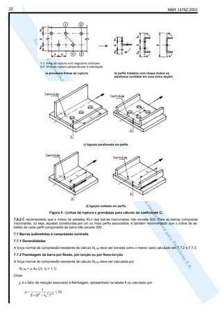 22

NBR 14762:2001

1-1: linha de ruptura com segmento inclinado
2-2: linha de ruptura perpendicular à solicitação
a) prováveis linhas de ruptura

b) perfis tratados com chapa (todos os
parafusos contidos em uma única seção)

c) ligação parafusada em perfis

d) ligação soldada em perfis

Figura 5 - Linhas de ruptura e grandezas para cálculo do coeficiente Ct
7.6.2 É recomendado que o índice de esbeltez KL/r das barras tracionadas não exceda 300. Para as barras compostas
tracionadas, ou seja, aquelas constituídas por um ou mais perfis associados, é também recomendado que o índice de esbeltez de cada perfil componente da barra não exceda 300.
7.7 Barras submetidas à compressão centrada
7.7.1 Generalidades
A força normal de compressão resistente de cálculo Nc,Rd deve ser tomada como o menor valor calculado em 7.7.2 e 7.7.3.
7.7.2 Flambagem da barra por flexão, por torção ou por flexo-torção
A força normal de compressão resistente de cálculo Nc,Rd deve ser calculada por:
Nc,Rd = ρ Aef fy/γ (γ = 1,1)
Onde:
ρ é o fator de redução associado à flambagem, apresentado na tabela 8 ou calculado por:
ρ=

1
β + ( β 2 − λ 0 2 )0,5

≤ 1,0

 