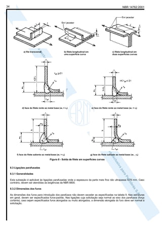 34

NBR 14762:2001

a) file transversal

b) filete longitudinal em
uma superfície curva

d) face do filete rente ao metal base (w1 = re)

f) face do filete saliente ao metal-base (w1 > re)

c) filete longitudinal em
duas superfícies curvas

e) face do filete rente ao metal base (w1 = re)

g) face do filete saliente ao metal-base (w1 , re)

Figura 8 - Solda de filete em superfícies curvas
8.3 Ligações parafusadas
8.3.1 Generalidades
Esta subseção é aplicável às ligações parafusadas onde a espessura da parte mais fina não ultrapassa 4,75 mm. Caso
contrário, devem ser atendidas as exigências da NBR 8800.
8.3.2 Dimensões dos furos
As dimensões dos furos para introdução dos parafusos não devem exceder as especificadas na tabela 9. Nas estruturas
em geral, devem ser especificados furos-padrão. Nas ligações cuja solicitação seja normal ao eixo dos parafusos (força
cortante), caso sejam especificados furos alongados ou muito alongados, a dimensão alongada do furo deve ser normal à
solicitação.

 