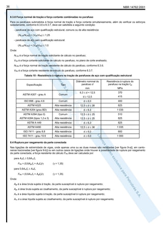 36

NBR 14762:2001

8.3.8 Força normal de tração e força cortante combinadas no parafuso
Para os parafusos submetidos à força normal de tração e força cortante simultaneamente, além de verificar os esforços
isoladamente, conforme 8.3.6 e 8.3.7, deve ser satisfeita a seguinte condição:
- parafusos de aço com qualificação estrutural, comuns ou de alta resistência:
(Nt,Sd/Nt,Rd) + (VSd/VRd) ≤ 1,25
- parafusos de aço sem qualificação estrutural:
(Nt,Sd/Nt,Rd) + (VSd/VRd) ≤ 1,0
Onde:
Nt,Sd é a força normal de tração solicitante de cálculo no parafuso;
VSd é a força cortante solicitante de cálculo no parafuso, no plano de corte analisado;
Nt,Rd é a força normal de tração resistente de cálculo do parafuso, conforme 8.3.6;
VRd é a força cortante resistente de cálculo do parafuso, conforme 8.3.7.
Tabela 10 - Resistência à ruptura na tração de parafusos de aço com qualificação estrutural

Tipo

Resistência à ruptura do
parafuso na tração fup

mm

Especificação

Diâmetro nominal do
parafuso d

MPa

6,3 ≤ d < 12,5

370

d ≥ 12,5

415

ASTM A307 - grau A

Comum

ISO 898 - grau 4.6

Comum

d ≥ 6,0

400

ASTM A325

Alta resistência

12,5 ≤ d ≤ 38

825

ASTM A354 (grau BD)

Alta resistência

d ≥ 6,3

1 035

ASTM A394 (tipo 0)

Comum

12,5 ≤ d ≤ 25

510

ASTM A394 (tipos 1,2 e 3)

Alta resistência

12,5 ≤ d ≤ 25

825

ASTM A 449

Alta resistência

d ≥ 6,3

825

ASTM A490

Alta resistência

12,5 ≤ d ≤ 38

1 035

ISO 7411 - grau 8.8

Alta resistência

d ≥ 6,0

800

ISO 7411 - grau 10.9

Alta resistência

d ≥ 6,0

1 000

8.4 Ruptura por rasgamento da parte conectada
Nas ligações de extremidade de vigas, onde apenas uma ou as duas mesas são recortadas [ver figura 9-a)], em cantoneiras tracionadas [ver figura 9-b)] ou em outros casos de ligações onde houver a possibilidade de ruptura por rasgamento
da parte conectada, a força resistente de cálculo FRd deve ser calculada por:
para Antfu ≥ 0,6Anvfu
FRd = (0,6Agvfy + Antfu)/γ

(γ = 1,35)

para 0,6Anvfu ≥ Antfu
FRd = (0,6Anvfu + Agtfy)/γ

(γ = 1,35)

Onde:
Agt é a área bruta sujeita à tração, da parte susceptível à ruptura por rasgamento;
Agv é área bruta sujeita ao cisalhamento, da parte susceptível à ruptura por rasgamento;
Ant é a área líquida sujeita à tração, da parte susceptível à ruptura por rasgamento;
Anv é a área líquida sujeita ao cisalhamento, da parte susceptível à ruptura por rasgamento.

 