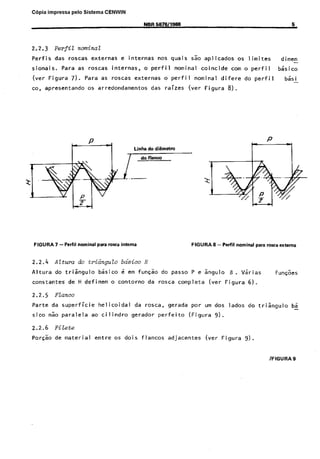 Cópia não autorizada

C6pia

impressa

pelo Sistema

CENWIN
NBR 5876/1985

2.2.3

Perfil

Perfis

das

sionais.
(ver
co,

6

nominal
roscas

Para
Figura

as
7).

externas
roscas
Para

apresentando~os

as

e internas
internas,

no5

quais

o perfil

roscas

externas

arredondamentos

sao

nominal
o perfil

das

raizes

aplicados
coincide

nominal
(ver

os

limites

dimen

corn o perfil
difere

basic0

do perfil

b&i -

8).

Figura

Linha da diaimetm

i

A!!.-

FIGURA

7 -Phil

nominal

2.2.4

Altma

do tricingulo

Altura

do

constantes

2.2.5
Parte
sico

triangulo

paa rosca intema

para rogca extwna

bdsico H

biisico

de H definem

FIGURA 8 - Perfil nominal

i

em funsao

o contorno

da

do

passe

rosca

P e.Sngulo

completa

B.

(vet-

Figura

Varias

f u&es

6).

FZanco
da superficie
60

paralela

2.2.6

de materi,al

ao~cilindro

da

rosca,

gerador

gerada
perfeito

por

urn dos

(Figura

lados

do

triangulo

ba
-

9).

Filete

Porcao

helicoidal

entre

OS dois

flancos

adjacentes

(ver

Figura

9).

IFIGURA

9

 