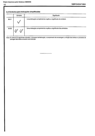 Cópia não autorizada

C6pia impressa

pelo Sistema

CENWIN

NBR 8404/l

10

A.4 Simbolos

para indica+s

simplificadas
Significado

Simbolo
Uma indica@o

complementa

explica o significado

do simbolo

Uma indica@o

A.4.1

complementar

explica o significado

dos simbolos

d

A.4.2
r/v

984

 