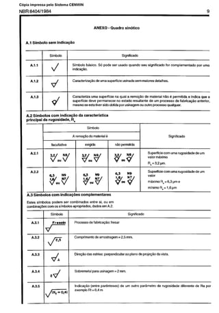 Cópia não autorizada

C6pia

impressa

pelo Sistema

CENWIN

9

NBR 8404/l 984

ANEXO

A.1 Simboio

sem

-Quadra

sin6tico

indicaqk

Significado

Simbolo
Simbolo bkico.
indica@o.

d

A.l.2

Camcterizaq.Zo

56 pode ser usado quando

de uma supedicie

SW significado

for complementado

par uma

usinada sem maiores detalhes.

Caracteriza
uma supelficie
na qua1 a remo@o de material “80 d permitida e indica que a
superficie dew? permanecer
no &ado
resultante de urn processo de fabdca@o
anterior,
mesmo se esta tiver sido obtida par usinagem ou outro processo qualquer.

Al .3

A.2 Simbolos
corn indicac$o
principal
da rugosidade,
Ra

da caracteristica

Simbolo
A remo@odo

I

material B

Significado

exigida

facultativa

n&a permitida
I

A’2.1 7
%.

Superficie corn uma rugosidade
valor m&ho

A.2.2

Superficie
valor

f
L/ 0”

de urn

Ra=3,2pm.

N9
N7

corn uma rugosidade

de urn

m6ximo Ra = 6,3 pm e
minimo Fta= 1.6pm

A.3 Siml

,los corn

indicaq

i complementares

Estes slmbolos podem ser combinados
entre si, CIU em
combina@es corn OS simbolos apropriados, dados em A.2.
Significado

Simbolo
A.3.1

Frssodo

Processo de fabrica@o:

A.3.2

Comprfmento

A.3.3

Dire@

d

de amostragem

= 2,5 mm.

das estrias: perpendicular

ao piano de proje@o

da vista.

I

Sobremetal

A.3.4

fresar

para usinagem

= 2 mm.

2d
A.3.5

Indica@o
(entre pari%teses)
exemplo Rt =0,4 m

de urn outro par%metro

de rugosidade

diferente

de Ra par

 