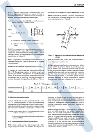 Cópia não autorizada

14

EB-168/1991

5.1.5.2 Parafusos roscados até a cabeça também cum-

prem os requisitos deste ensaio se a ruptura se iniciar na
rosca e se estender até a área do raio sob a cabeça, ou
avançar dentro da cabeça antes da separação.

5.1.7 Ensaio de martelagem na cabeça de parafusos curtos
5.1.7.1 Parafusos de diâmetro - 16 mm e comprimentos
que não permitem um ensaio de tração com cunha devem
ser ensaiados conforme a Figura 9.

Nota: Para produtos grau C (ver PB-982), um raio R1 deve ser usado de acordo com a seguinte fórmula:
R1 = Rmáx. + 0,2
Sendo:
Rmáx. =

da máx. - ds mín.
2

Onde:
ds = diâmetro da haste não roscada do parafuso
da = diâmetro no fim do raio de transição entre haste e
cabeça
5.1.5.3 Para parafusos com diâmetro de assentamento da
cabeça acima de 1,7 d, que falharem no ensaio de tração
com cunha, a cabeça pode ser usinada para 1,7 d, e os
parafusos devem ser reensaiados com ângulo de cunha
especificado na Tabela 11.
5.1.5.4 Em parafusos com diâmetro de assentamento da
cabeça acima de 1,9 d, o ângulo de cunha de 10° pode ser
reduzido para 6°.

Figura 9 - Disposição para o ensaio de martelagem na
cabeça
Notas: a) Valores de dh e R2 (onde R2 = R1) conforme Tabela 11.
b) Espessura de placa > 2d.
5.1.7.2 A cabeça do parafuso deve se deixar dobrar até um

5.1.6 Ensaio de trabalho de impacto para peças usinadas

O trabalho de impacto deve ser determinado conforme
MB-1116. O corpo-de-prova deve ser axial e, sempre que
possível, ser retirado o mais próximo da superfície do parafuso, de tal forma que o lado não entalhado do corpo-deprova seja o lado da superfície. O ensaio de trabalho de
impacto só é possível em parafusos de diâmetro -16 mm.

ângulo de 90° - β, conforme Tabela 13, com diversos golpes de martelo, sem apresentar qualquer sinal de trinca
no raio da concordância entre a cabeça e a haste, quando
o parafuso for examinado com ampliação não menor do
que oito vezes ou no máximo dez vezes. Em parafusos
com rosca até a cabeça, os requisitos podem ser considerados atendidos se ocorrer uma trinca no primeiro
filete de rosca, desde que a cabeça não se destaque.

Tabela 13 - Valores para o ângulo β
Classe de resistência

3.6

Ângulo

4.6

5.6

4.8

60°

5.1.8 Ensaios de descarbonetação

Usando método de medição apropriado (ver 5.1.8.1 e
5.1.8.2), a seção longitudinal da rosca deve ser examinada para determinar qual a altura da zona do metal-base (E)
e a profundidade da zona com descarbonetação completa
(G) estão dentro dos limites especificados (ver Figura 10).
Notas: a) O valor máximo para G e a fórmula para o valor mínimo
de E são especificados na Tabela 5.
b) As definições relativas e descarbonetação são de acordo com a TB-24.
5.1.8.1 Método de ensaio (método microscópico)
5.1.8.1.1 Este método permite a determinação de E e G. Os

corpos-de-prova devem ser tomados de seções lon-

5.8

6.8

8.8

9.8

10.9

12.9

80°

gitudinais, na direção do eixo da rosca, e distanciados aproximadamente de um diâmetro (1d) da extremidade da
parte roscada, após a operação de tratamento térmico do
parafuso. A amostra deve ser montada em uma garra ou
pastilha metalográfica, sendo preferível a pastilha metalográfica.
5.1.8.1.2 Após a montagem e esmerilhamento, a pastilha
deve ser polida segundo a boa prática metalográfica.
Atacar com nital a 3% (ácido nítrico concentrado em álcool), solução usualmente adequada para revelar alterações na microestrutura causada pela descarbonetação.
Para a medição deve ser usado microscópio de ampliação
de 100 vezes, a menos que haja outro acordo. Se o microscópio for do tipo com tela fosca, a profundidade de
descarbonetação pode ser medida diretamente com uma
escala. Se for usado microscópio ocular, ele deve possuir
um capilar cruzado ou escala.

 