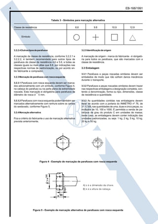 Cópia não autorizada

4

EB-168/1991

Tabela 3 - Símbolos para marcação alternativa
Classe de resistência

8.8

9.8

10.9

12.9

Símbolo

3.2.2.4 Outros tipos de parafusos

3.2.5 Identificação de origem

A marcação da classe de resistência, conforme 3.2.2.1 e
3.2.2.2, é também recomendada para outros tipos de
parafusos de classe de resistência 4.6 e 5.6, e todas as
classes iguais ou mais altas que 8.8, por indicações nas
respectivas normas de padronização, ou por acordo entre fabricante e comprador.

A marcação de origem - marca do fabricante - é obrigatória para todos os parafusos, que são marcados com a
classe de resistência.
3.3 Embalagem
3.3.1 Parafusos e peças roscadas similares devem ser

3.2.3 Marcação de parafusos com rosca esquerda

embalados de modo que não sofram danos mecânicos
durante o transporte.

3.2.3.1 Parafusos com rosca esquerda devem ser marca-

dos adicionalmente com um símbolo, conforme Figura 4,
na cabeça do parafuso ou na parte plana da extremidade
roscada. Esta marcação é obrigatória para parafusos de
diâmetro de rosca d ¯ 5 mm.

3.3.2 Parafusos e peças roscadas similares devem trazer
nas respectivas embalagens a designação completa, contendo a denominação, forma ou tipo, dimensões, classe
de resistência e quantidade.

3.2.3.2 Parafusos com rosca esquerda podem também ser
marcados alternativamente com ranhura sobre os cantos
do sextavado, conforme Figura 5.

3.3.3 As quantidades contidas nas embalagens devem
estar de acordo com a portaria do INMETRO nº 76, de
31.12.69, nas quantidades de uma, duas e cinco peças, ou
múltiplos de 10, 100 e 1000. É permitida a venda de parafusos de grau do produto C em unidades de massa;
neste caso, as embalagens devem conter indicação das
unidades padronizadas, ou seja: 1 kg, 2 kg, 5 kg, 10 kg,
20 kg e 50 kg.

3.2.4 Marcação alternativa

Fica a critério do fabricante o uso de marcação alternativa
prevista anteriormente.

Figura 4 - Exemplo de marcação de parafusos com rosca esquerda

Figura 5 - Exemplo de marcação alternativa de parafusos com rosca esquerda

 