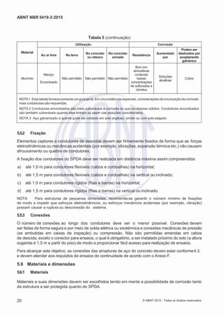 2
8/
0
5/
2
0
1
5)
I
m
pr
e
ss
o:
5
3
2
2
0
4
(P
e
di
d
o
0
7.
9
0
7.
4
0
2/
0
0
0
1-
1
3
-
ABNT NBR 5419-3:2015
Tabela 5 (continuação)
Material
Utilização Corrosão
Ao ar livre Na terra
No concreto
ou reboco
No concreto
armado
Resistência
Aumentado
por
Podem ser
destruídos por
acoplamento
galvânico
Alumínio
Maciço
Encordoado
Não permitido Não permitido Não permitido
Bom em
atmosferas
contendo
baixas
concentrações
de sulfurados e
cloretos
Soluções
alcalinas
Cobre
NOTA1 Esta tabela fornecesomente umguiageral. Emcircunstânciasespeciais,consideraçõesdeimunizaçãodecorrosão
mais cuidadosas são requeridas.
NOTA 2 Condutores encordoados são mais vulneráveis à corrosão do que condutores sólidos. Condutores encordoados
são também vulneráveis quando eles entram ou saem nas posições concreto/terra.
NOTA 3 Aço galvanizado a quente pode ser oxidado em solo argiloso, úmido ou com solosalgado.
5.5.2 Fixação
Elementos captores e condutores de descidas devem ser firmemente fixados de forma que as forças
eletrodinâmicas ou mecânicas acidentais (por exemplo, vibrações, expansão térmica etc.) não causem
afrouxamento ou quebra de condutores.
A fixação dos condutores do SPDA deve ser realizada em distância máxima assim compreendida:
 a) até 1,0 m para condutores flexíveis (cabos e cordoalhas) na horizontal;
 b) até 1,5 m para condutores flexíveis (cabos e cordoalhas) na vertical ou inclinado;
 c) até 1,0 m para condutores rígidos (fitas e barras) na horizontal;
 d) até 1,5 m para condutores rígidos (fitas e barras) na vertical ou inclinado.
NOTA Para estruturas de pequenas dimensões, recomenda-se garantir o número mínimo de fixações
de modo a impedir que esforços eletrodinâmicos, ou esforços mecânicos acidentais (por exemplo, vibração)
possam causar a ruptura ou desconexão do sistema.
5.5.3 Conexões
O número de conexões ao longo dos condutores deve ser o menor possível. Conexões devem
ser feitas de forma segura e por meio de solda elétrica ou exotérmica e conexões mecânicas de pressão
(se embutidas em caixas de inspeção) ou compressão. Não são permitidas emendas em cabos
de descida, exceto o conector para ensaios, o qual é obrigatório, a ser instalado próximo do solo (a altura
sugerida é 1,5 m a partir do piso) de modo a proporcionar fácil acesso para realização de ensaios.
Para alcançar este objetivo, as conexões das amaduras de aço do concreto devem estar conforme4.3.
e devem atender aos requisitos de ensaios de continuidade de acordo com o Anexo F.
5.6 Materiais e dimensões
5.6.1 Materiais
Materiais e suas dimensões devem ser escolhidos tendo em mente a possibilidade de corrosão tanto
da estrutura a ser protegida quanto do SPDA.
20 © ABNT 2015 - Todos os direitos reservados
 