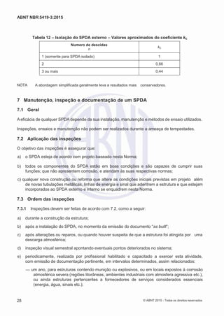 2
8/
0
5/
2
0
1
5)
I
m
pr
e
ss
o:
5
3
2
2
0
4
(P
e
di
d
o
0
7.
9
0
7.
4
0
2/
0
0
0
1-
1
3
-
ABNT NBR 5419-3:2015
Tabela 12 – Isolação do SPDA externo – Valores aproximados do coeficiente kc
Numero de descidas
n
kc
1 (somente para SPDA isolado) 1
2 0,66
3 ou mais 0,44
NOTA A abordagem simplificada geralmente leva a resultados mais conservadores.
7 Manutenção, inspeção e documentação de um SPDA
7.1 Geral
A eficácia de qualquer SPDA depende da sua instalação, manutenção e métodos de ensaio utilizados.
Inspeções, ensaios e manutenção não podem ser realizados durante a ameaça de tempestades.
7.2 Aplicação das inspeções
O objetivo das inspeções é assegurar que:
 a) o SPDA esteja de acordo com projeto baseado nesta Norma;
 b) todos os componentes do SPDA estão em boas condições e são capazes de cumprir suas
funções; que não apresentem corrosão, e atendam às suas respectivas normas;
 c) qualquer nova construção ou reforma que altere as condições iniciais previstas em projeto além
de novas tubulações metálicas, linhas de energia e sinal que adentrem a estrutura e que estejam
incorporados ao SPDA externo e interno se enquadrem nesta Norma.
7.3 Ordem das inspeções
7.3.1 Inspeções devem ser feitas de acordo com 7.2, como a seguir:
 a) durante a construção da estrutura;
 b) após a instalação do SPDA, no momento da emissão do documento “as built”;
 c) após alterações ou reparos, ou quando houver suspeita de que a estrutura foi atingida por uma
descarga atmosférica;
 d) inspeção visual semestral apontando eventuais pontos deteriorados no sistema;
 e) periodicamente, realizada por profissional habilitado e capacitado a exercer esta atividade,
com emissão de documentação pertinente, em intervalos determinados, assim relacionados:
— um ano, para estruturas contendo munição ou explosivos, ou em locais expostos à corrosão
atmosférica severa (regiões litorâneas, ambientes industriais com atmosfera agressiva etc.),
ou ainda estruturas pertencentes a fornecedores de serviços considerados essenciais
(energia, água, sinais etc.);
28 © ABNT 2015 - Todos os direitos reservados
 