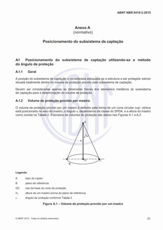 2
8/
0
5/
2
0
1
5)
I
m
pr
e
ss
o:
5
3
2
2
0
4
(P
e
di
d
o
0
7.
9
0
7.
4
0
2/
0
0
0
1-
1
3
-
h
ABNT NBR 5419-3:2015
Anexo A
(normativo)
Posicionamento do subsistema de captação
A.1 Posicionamento do subsistema de captação utilizando-se o método
do ângulo de proteção
A.1.1 Geral
A posição do subsistema de captação é considerada adequada se a estrutura a ser protegida estiver
situada totalmente dentro do volume de proteção provido pelo subsistema de captação.
Devem ser consideradas apenas as dimensões físicas dos elementos metálicos do subsistema
de captação para a determinação do volume de proteção.
A.1.2 Volume de proteção provido por mastro
O volume de proteção provido por um mastro é definido pela forma de um cone circular cujo vértice
está posicionado no eixo do mastro, o ângulo α, dependendo da classe do SPDA, e a altura do mastro
como consta na Tabela 2. Exemplos de volumes de proteção são dados nas Figuras A.1 e A.2
A
α
1
O C
B
Legenda
A topo do captor
B plano de referência
OC raio da base do cone de proteção
h1 altura de um mastro acima do plano de referência
α ângulo de proteção conforme Tabela 2
Figura A.1 – Volume de proteção provido por um mastro
© ABNT 2015 - Todos os direitos reservados 31
 