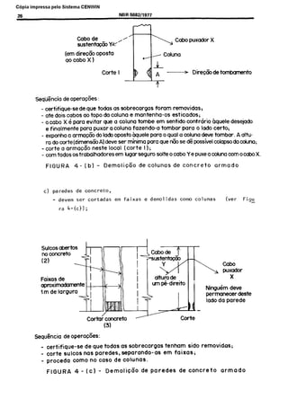 C6pia impressa pelo Sistema CENWIN
26 NBR 568211977
(em direc5o oposta
ao cabo X 1
- Direc% de tombunmto
!SeqiSncia de operac6es :
- certifique-sede que todas as sobrecargas for-am removida%
- ate dois cabos ao topo da coluna e mantenha-os esticados;
- o cabo X 6 para evitar que a coluna tombe em sentido contrkio hquele desejado
e finalmente pat-a puxar acoluna fazendo-a tombar para o lado certo;
- exponha a arma~o do lado oposto bquele pura o qua1 a coluna deve tombar. A altu-
ro do corte(dimens&Al deve ser minima para que n% se & possivel colopso da cduna;
- torte a armaGo” neste local (torte I);
- corn todos OStrabalhadores em lugar seguro solte o cabo Ye puxe a colunu corn ocabo X.
FIGURA 4- (b) - Demolic6o de colunas de concrete armado
c) paredes de concrete,
- devem set- cortadas em faixas e demolidas corn0 colunas (ver Figu-
ra 4-(c));
Cortar concreto
(31
Ningkm deve
permanecer deste
lado da parede
!Sequi?ncia de operac6es:
- certifique-se de que todas as sobrecargas tenham sido removidos;
- torte sulcos nas paredes, separondo-as em faixas;
- proceda coma no coso de colunas.
FIGURA 4 - (c) - DemoliCa’o de paredes de concrete armodo
Cópia não autorizada
 