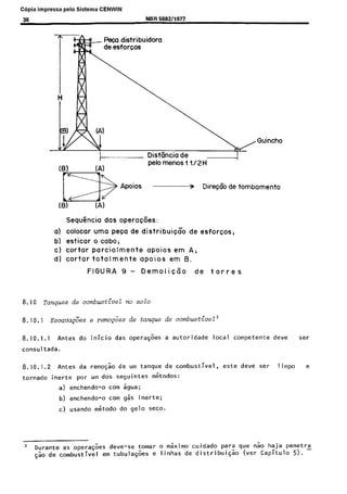 C6pia impressa pelo Sistema CENWIN
Peca distribuidoro
de esforcos
Apoios
Distkcia de
pelo menos 11/2H
=P Dire@0 de tombame !nto
SequSncio das operacEes:
a) colocar uma peca de distribu@o de esforcos;
b) esticar o cabo;
c) cortar parcialmente apoios em A;
d) cortor totalmente apoios em B.
FIGURA 9 - DemolicCo de torres
8.10 Tanques de combustiveZ m SOLO
8.10.1 Escava~%s e rmop?es de tanque de combustive13
8.10.1.1 Antes do inicio das operag6es a autoridade local competente deve ser
consultada.
8.10.1.2 Antes da remogao de urn tanque de combustivel, este deve ser limpo e
tornado inerte por urn dos seguintes metodos:
a) enchendo-o corn agua;
b) enchendo-o corn gas inerte;
c) usando metodo do gelo seco.
3 Durante as operaGoes deve-se tomar o mkimo cuidado para que n% haja penetra
.$o de combustive1 em tubulaqoes e linhas de distribui@ (vet- Capitulo 5).
Cópia não autorizada
 