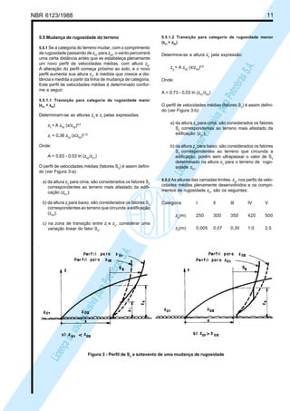 NBR 6123/1988 11
LicençadeusoexclusivaparaPetrobrásS.A.
LicençadeusoexclusivaparaPetrobrásS.A.
5.5 Mudança de rugosidade do terreno
5.5.1 Se a categoria do terreno mudar, com o comprimento
de rugosidade passando de z01
para z02
, o vento percorrerá
uma certa distância antes que se estabeleça plenamente
um novo perfil de velocidades médias, com altura zg
.
A alteração do perfil começa próximo ao solo, e o novo
perfil aumenta sua altura zx
, à medida que cresce a dis-
tância x medida a partir da linha de mudança de categoria.
Este perfil de velocidades médias é determinado confor-
me a seguir.
5.5.1.1 Transição para categoria de rugosidade maior
(z01
< z02
)
Determinam-se as alturas zx
e zi
pelas expressões:
zx
= A z02
(x/z02
)0,8
zi
= 0,36 z02
(x/z02
)0,75
Onde:
A = 0,63 - 0,03 ln (z02
/z01
)
O perfil de velocidades médias (fatores S2
) é assim defini-
do (ver Figura 3-a):
a) da altura zx
para cima, são considerados os fatores S2
correspondentes ao terreno mais afastado da edifi-
cação (z01
);
b) da altura zi
para baixo, são considerados os fatores S2
correspondentes ao terreno que circunda a edificação
(z02
);
c) na zona de transição entre zi
e zx
, considerar uma
variação linear do fator S2
.
5.5.1.2 Transição para categoria de rugosidade menor
(z01
> z02
)
Determina-se a altura zx
pela expressão:
zg
= A z02
(x/z02
)0,8
Onde:
A = 0,73 - 0,03 In (z01
/z02
)
O perfil de velocidades médias (fatores S2
) é assim defini-
do (ver Figura 3-b):
a) da altura zx
para cima, são considerados os fatores
S2
correspondentes ao terreno mais afastado da
edificação (z01
);
b) da altura zx
para baixo, são considerados os fatores
S2
correspondentes ao terreno que circunda a
edificação, porém sem ultrapassar o valor de S2
determinado na altura zx
para o terreno de rugo-
sidade z01
.
5.5.2 As alturas das camadas limites, zg
, nos perfis de velo-
cidades médias plenamente desenvolvidos e os compri-
mentos de rugosidade z0
, são os seguintes:
Categoria I II III IV V
zg
(m): 250 300 350 420 500
z0
(m): 0,005 0,07 0,30 1,0 2,5
Figura 3 - Perfil de S2
a sotavento de uma mudança de rugosidade
 