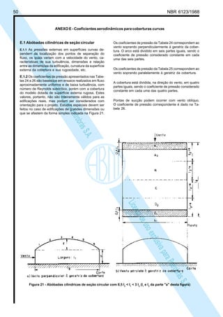 50 NBR 6123/1988
LicençadeusoexclusivaparaPetrobrásS.A.
LicençadeusoexclusivaparaPetrobrásS.A.
ANEXO E - Coeficientes aerodinâmicos para coberturas curvas
E.1 Abóbadas cilíndricas de seção circular
E.1.1 As pressões externas em superfícies curvas de-
pendem da localização dos pontos de separação do
fluxo, os quais variam com a velocidade do vento, ca-
racterísticas de sua turbulência, dimensões e relação
entre as dimensões da edificação, curvatura da superfície
externa da cobertura e sua rugosidade, etc.
E.1.2 Os coeficientes de pressão apresentados nas Tabe-
las 24 a 26 são baseados em ensaios realizados em fluxo
aproximadamente uniforme e de baixa turbulência, com
número de Reynolds subcrítico, porém com a cobertura
do modelo dotada de superfície externa rugosa. Estes
valores, portanto, não são inteiramente válidos para as
edificações reais, mas podem ser considerados com
orientação para o projeto. Estudos especiais devem ser
feitos no caso de edificações de grandes dimensões ou
que se afastem da forma simples indicada na Figura 21.
Os coeficientes de pressão da Tabela 24 correspondem ao
vento soprando perpendicularmente à geratriz da cober-
tura. O arco está dividido em seis partes iguais, sendc o
coeficiente de pressão considerado constante em cada
uma das seis partes.
Os coeficientes de pressão da Tabela 25 correspondem ao
vento soprando paralelamente à geratriz da cobertura.
A cobertura está dividida, na direção do vento, em quatro
partes iguais, sendo o coeficiente de pressão considerado
constante em cada uma das quatro partes.
Pontas de sucção podem ocorrer com vento oblíquo.
O coeficiente de pressão correspondente é dado na Ta-
bela 26.
Figura 21 - Abóbadas cilíndricas de seção circular com 0,5 I2
< I1
< 3 I2
(I1
e I2
da parte "a" desta figura)
 