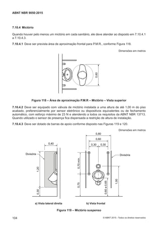 7.10.4 Mictório
Quando houver pelo menos um mictório em cada sanitário, ele deve atender ao disposto em 7.10.4.1
a 7.10.4.3.
7.10.4.1 Deve ser prevista área de aproximação frontal para P.M.R., conforme Figura 118.
Dimensões em metros
0,60
Figura 118 – Área de aproximação P.M.R – Mictório – Vista superior
7.10.4.2 Deve ser equipado com válvula de mictório instalada a uma altura de até 1,00 m do piso
acabado, preferencialmente por sensor eletrônico ou dispositivos equivalentes ou de fechamento
automático, com esforço máximo de 23 N e atendendo a todos os requisitos da ABNT NBR 13713.
Quando utilizado o sensor de presença fica dispensada a restrição de altura de instalação.
7.10.4.3 Deve ser dotado de barras de apoio conforme disposto nas Figuras 119 e 120.
Dimensões em metros
0,80
0,60
0,30 0,300,40
1,200,30
0,70mín.0,75
0,60a0,65
1,00
DivisóriaDivisória
a) Vista lateral direita b) Vista frontal
Figura 119 – Mictório suspenso
104
ABNT NBR 9050:2015
© ABNT 2015 - Todos os direitos reservados
 