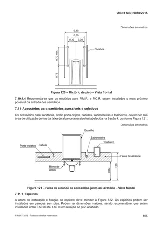 Dimensões em metros
0,80
0,60
0,30 0,30
0,70mín.0,75
Divisória
Figura 120 – Mictório de piso – Vista frontal
7.10.4.4 Recomenda-se que os mictórios para P.M.R. e P.C.R. sejam instalados o mais próximo
possível da entrada dos sanitários.
7.11 Acessórios para sanitários acessíveis e coletivos
Os acessórios para sanitários, como porta-objeto, cabides, saboneteiras e toalheiros, devem ter sua
área de utilização dentro da faixa de alcance acessível estabelecida na Seção 4, conforme Figura 121.
Dimensões em metros
Barra de
apoio
CabidePorta-objetos
Toalheiro
Saboneteira
Faixa de alcance
0,80
1,20
Espelho
Figura 121 – Faixa de alcance de acessórios junto ao lavatório – Vista frontal
7.11.1 Espelhos
A altura de instalação e fixação de espelho deve atender à Figura 122. Os espelhos podem ser
instalados em paredes sem pias. Podem ter dimensões maiores, sendo recomendável que sejam
instalados entre 0,50 m até 1,80 m em relação ao piso acabado.
105
ABNT NBR 9050:2015
© ABNT 2015 - Todos os direitos reservados
 
