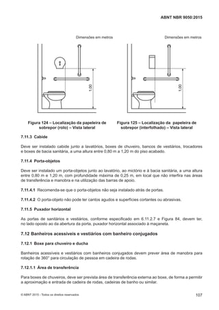 Dimensões em metros Dimensões em metros
1,00
Figura 124 – Localização da papeleira de
sobrepor (rolo) – Vista lateral
1,00
Figura 125 – Localização da papeleira de
sobrepor (interfolhado) – Vista lateral
7.11.3 Cabide
Deve ser instalado cabide junto a lavatórios, boxes de chuveiro, bancos de vestiários, trocadores
e boxes de bacia sanitária, a uma altura entre 0,80 m a 1,20 m do piso acabado.
7.11.4 Porta-objetos
Deve ser instalado um porta-objetos junto ao lavatório, ao mictório e à bacia sanitária, a uma altura
entre 0,80 m e 1,20 m, com profundidade máxima de 0,25 m, em local que não interfira nas áreas
de transferência e manobra e na utilização das barras de apoio.
7.11.4.1 Recomenda-se que o porta-objetos não seja instalado atrás de portas.
7.11.4.2 O porta-objeto não pode ter cantos agudos e superfícies cortantes ou abrasivas.
7.11.5 Puxador horizontal
As portas de sanitários e vestiários, conforme especificado em 6.11.2.7 e Figura 84, devem ter,
no lado oposto ao da abertura da porta, puxador horizontal associado à maçaneta.
7.12 Banheiros acessíveis e vestiários com banheiro conjugados
7.12.1 Boxe para chuveiro e ducha
Banheiros acessíveis e vestiários com banheiros conjugados devem prever área de manobra para
rotação de 360° para circulação de pessoa em cadeira de rodas.
7.12.1.1 Área de transferência
Para boxes de chuveiros, deve ser prevista área de transferência externa ao boxe, de forma a permitir
a aproximação e entrada de cadeira de rodas, cadeiras de banho ou similar.
107
ABNT NBR 9050:2015
© ABNT 2015 - Todos os direitos reservados
 