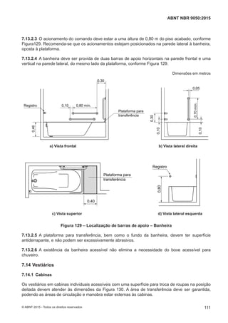 7.13.2.3 O acionamento do comando deve estar a uma altura de 0,80 m do piso acabado, conforme
Figura129. Recomenda-se que os acionamentos estejam posicionados na parede lateral à banheira,
oposta à plataforma.
7.13.2.4 A banheira deve ser provida de duas barras de apoio horizontais na parede frontal e uma
vertical na parede lateral, do mesmo lado da plataforma, conforme Figura 129.
Dimensões em metros
0,46
Registro 0,10
0,30
0,10
0,10
0,05
0,30
0,70mín.
0,80 mín.
a) Vista frontal b) Vista lateral direita
Plataforma para
transferência
a) Vista frontal b) Vista lateral direita
0,40
Plataforma para
transferência
0,80
Registro
c) Vista superior d) Vista lateral esquerda
c) Vista superior d) Vista lateral esquerda
Figura 129 – Localização de barras de apoio – Banheira
7.13.2.5 A plataforma para transferência, bem como o fundo da banheira, devem ter superfície
antiderrapante, e não podem ser excessivamente abrasivos.
7.13.2.6 A existência da banheira acessível não elimina a necessidade do boxe acessível para
chuveiro.
7.14 Vestiários
7.14.1 Cabinas
Os vestiários em cabinas individuais acessíveis com uma superfície para troca de roupas na posição
deitada devem atender às dimensões da Figura 130. A área de transferência deve ser garantida,
podendo as áreas de circulação e manobra estar externas às cabinas.
111
ABNT NBR 9050:2015
© ABNT 2015 - Todos os direitos reservados
 