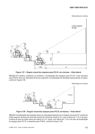 Dimensões em metros
30°30°
30°
L.H.
1,15
1,15
1,20 d
Limite superior
da tela
Figura 137 – Ângulo visual dos espaços para P.C.R. em cinemas – Vista lateral
10.3.2.2 Em teatros, auditórios ou similares, a localização dos espaços para P.C.R. e dos assentos
para P.M.R. deve ser calculada de forma a garantir a visualização da atividade desenvolvida no palco,
conforme Figura 138.
Dimensões em metros
30°30°
L.H.
1,15
30°
1,15
Palco
Cenário
Figura 138 – Ângulo visual dos espaços para P.C.R. em teatros – Vista lateral
10.3.2.3 A localização dos espaços deve ser calculada traçando-se um ângulo visual de 30° a partir do
limite superior da boca de cena até a linha do horizonte visual (L.H.), com a altura de 1,15 m do piso.
A altura do piso do palco deve ser inferior à L.H. visual, com altura de 1,15 m do piso da localização
do espaço para P.C.R. e assentos para P.M.R., conforme Figura 139.
123
ABNT NBR 9050:2015
© ABNT 2015 - Todos os direitos reservados
 
