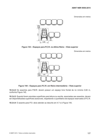 Dimensões em metros
1,20
0,80
0,30
0,30
mín.
Figura 143 – Espaços para P.C.R. na última fileira – Vista superior
Dimensões em metros
0,80
1,200,30
mín.
0,30
mín.
0,30
Figura 144 – Espaços para P.C.R. em fileira intermediária – Vista superior
10.3.4.2 Os assentos para P.M.R. devem possuir um espaço livre frontal de no mínimo 0,60 m,
conforme Figura 145.
10.3.4.3 Quando forem previstas superfícies para leitura ou escrita, associadas aos assentos, devem
ser disponibilizadas superfícies acessíveis, respeitando o quantitativo de espaços reservados à P.C.R.
10.3.4.4 O assento para P.O. deve atender ao descrito em 4.7 e à Figura 145.
127
ABNT NBR 9050:2015
© ABNT 2015 - Todos os direitos reservados
 
