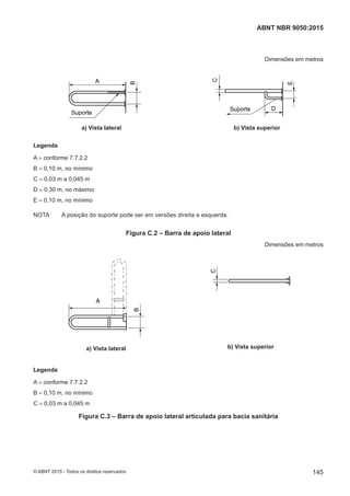 Dimensões em metros
A
B
Suporte
Suporte D
C
E
a) Vista lateral b) Vista superior
Legenda
A = conforme 7.7.2.2
B = 0,10 m, no mínimo
C = 0,03 m a 0,045 m
D = 0,30 m, no máximo
E = 0,10 m, no mínimo
NOTA A posição do suporte pode ser em versões direita e esquerda.
Figura C.2 ‒ Barra de apoio lateral
Dimensões em metros
A
B
a) Vista lateral
C
b) Vista superior
Legenda
A = conforme 7.7.2.2
B = 0,10 m, no mínimo
C = 0,03 m a 0,045 m
Figura C.3 ‒ Barra de apoio lateral articulada para bacia sanitária
145
ABNT NBR 9050:2015
© ABNT 2015 - Todos os direitos reservados
 