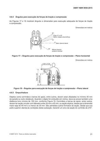 4.6.4 Ângulos para execução de forças de tração e compressão
As Figuras 17 e 18 mostram ângulos e dimensões para execução adequada de forças de tração
e compressão.
Dimensões em metros
30°
30°
0°
15°
Entre 15° e 30°
Melhor relação alcance/força
Maior alcance lateral
Máximo alcance
posterior eventual
Figura 17 – Ângulos para execução de forças de tração e compressão – Plano horizontal
Dimensões em metros
30°
60°
0,50 a 0,55
0,85a1,00
0,60a0,75
Figura 18 – Ângulos para execução de forças de tração e compressão – Plano lateral
4.6.5 Empunhadura
Objetos como corrimãos e barras de apoio, entre outros, devem estar afastados no mínimo 40 mm
da parede ou outro obstáculo. Quando o objeto for embutido em nichos, deve-se prever também uma
distância livre mínima de 150 mm, conforme Figura 19. Corrimãos e barras de apoio, entre outros,
devem ter seção circular com diâmetro entre 30 mm e 45 mm, ou seção elíptica, desde que a dimensão
maior seja de 45 mm e a menor de 30 mm. São admitidos outros formatos de seção, desde que sua
parte superior atenda às condições desta subseção. Garantir um arco da seção do corrimão de 270°.
21
ABNT NBR 9050:2015
© ABNT 2015 - Todos os direitos reservados
 