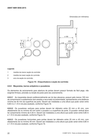 Dimensões em milímetros
1 2
≤45
30
R
15
150
≤ 100
270° 3
40
40
Legenda
1 medida da menor seção do corrimão
2 medida da maior seção do corrimão
3 arco da seção do corrimão
Legenda
1 medida da menor seção do corrimão
2 medida da maior seção do corrimão
3 arco da seção do corrimão
Figura 19 – Empunhadura e seção do corrimão
4.6.6 Maçanetas, barras antipânico e puxadores
Os elementos de acionamento para abertura de portas devem possuir formato de fácil pega, não
exigindo firmeza, precisão ou torção do pulso para seu acionamento.
4.6.6.1 As maçanetas devem preferencialmente ser do tipo alavanca, possuir pelo menos 100 mm
de comprimento e acabamento sem arestas e recurvado na extremidade, apresentando uma distância
mínima de 40 mm da superfície da porta. Devem ser instaladas a uma altura que pode variar entre
0,80 m e 1,10 m do piso acabado, conforme Figura 16.
4.6.6.2 Os puxadores verticais para portas devem ter diâmetro entre 25 mm e 45 mm, com
afastamento de no mínimo 40 mm entre o puxador e a superfície da porta. O puxador vertical deve
ter comprimento mínimo de 0,30 m. Devem ser instalados a uma altura que pode variar entre 0,80 m
e 1,10 m do piso acabado, conforme Figura 16.
4.6.6.3 Os puxadores horizontais para portas devem ter diâmetro entre 25 mm e 45 mm, com
afastamento de no mínimo 40 mm. Devem ser instalados a uma altura que pode variar entre 0,80 m
e 1,10 m do piso acabado, conforme Figura 16.
22
ABNT NBR 9050:2015
© ABNT 2015 - Todos os direitos reservados
 