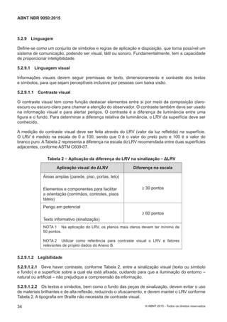 5.2.9 Linguagem
Define-se como um conjunto de símbolos e regras de aplicação e disposição, que torna possível um
sistema de comunicação, podendo ser visual, tátil ou sonoro. Fundamentalmente, tem a capacidade
de proporcionar inteligibilidade.
5.2.9.1 Linguagem visual
Informações visuais devem seguir premissas de texto, dimensionamento e contraste dos textos
e símbolos, para que sejam perceptíveis inclusive por pessoas com baixa visão.
5.2.9.1.1 Contraste visual
O contraste visual tem como função destacar elementos entre si por meio da composição claro-
escuro ou escuro-claro para chamar a atenção do observador. O contraste também deve ser usado
na informação visual e para alertar perigos. O contraste é a diferença de luminância entre uma
figura e o fundo. Para determinar a diferença relativa de luminância, o LRV da superfície deve ser
conhecido.
A medição do contraste visual deve ser feita através do LRV (valor da luz refletida) na superfície.
O LRV é medido na escala de 0 a 100, sendo que 0 é o valor do preto puro e 100 é o valor do
branco puro. A Tabela 2 representa a diferença na escala do LRV recomendada entre duas superfícies
adjacentes, conforme ASTM C609-07.
Tabela 2 – Aplicação da diferença do LRV na sinalização – ΔLRV
Aplicação visual do ΔLRV Diferença na escala
Áreas amplas (parede, piso, portas, teto)
Elementos e componentes para facilitar
a orientação (corrimãos, controles, pisos
táteis)
≥ 30 pontos
Perigo em potencial
Texto informativo (sinalização)
≥ 60 pontos
NOTA 1 Na aplicação do LRV, os planos mais claros devem ter mínimo de
50 pontos.
NOTA 2 Utilizar como referência para contraste visual o LRV e fatores
relevantes de projeto dados do Anexo B.
5.2.9.1.2 Legibilidade
5.2.9.1.2.1 Deve haver contraste, conforme Tabela 2, entre a sinalização visual (texto ou símbolo
e fundo) e a superfície sobre a qual ela está afixada, cuidando para que a iluminação do entorno ‒
natural ou artificial – não prejudique a compreensão da informação.
5.2.9.1.2.2 Os textos e símbolos, bem como o fundo das peças de sinalização, devem evitar o uso
de materiais brilhantes e de alta reflexão, reduzindo o ofuscamento, e devem manter o LRV conforme
Tabela 2. A tipografia em Braille não necessita de contraste visual.
34
ABNT NBR 9050:2015
© ABNT 2015 - Todos os direitos reservados
 