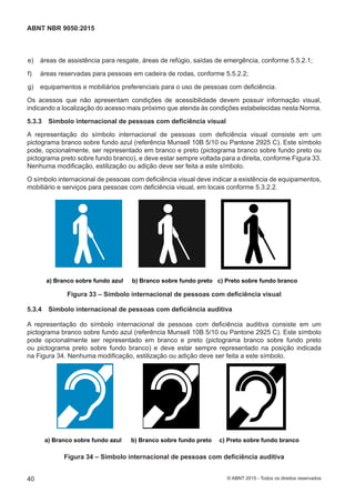  e) áreas de assistência para resgate, áreas de refúgio, saídas de emergência, conforme 5.5.2.1;
 f) áreas reservadas para pessoas em cadeira de rodas, conforme 5.5.2.2;
 g) equipamentos e mobiliários preferenciais para o uso de pessoas com deficiência.
Os acessos que não apresentam condições de acessibilidade devem possuir informação visual,
indicando a localização do acesso mais próximo que atenda às condições estabelecidas nesta Norma.
5.3.3 Símbolo internacional de pessoas com deficiência visual
A representação do símbolo internacional de pessoas com deficiência visual consiste em um
pictograma branco sobre fundo azul (referência Munsell 10B 5/10 ou Pantone 2925 C). Este símbolo
pode, opcionalmente, ser representado em branco e preto (pictograma branco sobre fundo preto ou
pictograma preto sobre fundo branco), e deve estar sempre voltada para a direita, conforme Figura 33.
Nenhuma modificação, estilização ou adição deve ser feita a este símbolo.
O símbolo internacional de pessoas com deficiência visual deve indicar a existência de equipamentos,
mobiliário e serviços para pessoas com deficiência visual, em locais conforme 5.3.2.2.
a) Branco sobre fundo azul b) Branco sobre fundo preto c) Preto sobre fundo branco
Figura 33 – Símbolo internacional de pessoas com deficiência visual
5.3.4 Símbolo internacional de pessoas com deficiência auditiva
A representação do símbolo internacional de pessoas com deficiência auditiva consiste em um
pictograma branco sobre fundo azul (referência Munsell 10B 5/10 ou Pantone 2925 C). Este símbolo
pode opcionalmente ser representado em branco e preto (pictograma branco sobre fundo preto
ou pictograma preto sobre fundo branco) e deve estar sempre representado na posição indicada
na Figura 34. Nenhuma modificação, estilização ou adição deve ser feita a este símbolo.
a) Branco sobre fundo azul b) Branco sobre fundo preto c) Preto sobre fundo branco
Figura 34 – Símbolo internacional de pessoas com deficiência auditiva
40
ABNT NBR 9050:2015
© ABNT 2015 - Todos os direitos reservados
 