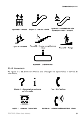 Figura 48 – Elevador Figura 49 – Escada rolante
Figura 50 – Escada rolante com
degrau para cadeira de rodas
Figura 51 – Escada Figura 52 – Escada com plataforma
móvel Figura 53 – Rampa
Figura 54 – Esteira rolante
5.3.5.5 Comunicação
As Figuras 55 a 58 devem ser utilizadas para sinalização dos equipamentos ou serviços de
comunicação.
Figura 55 – Símbolos internacionais
de informação
Figura 56 – Telefone
Figura 57 – Telefone com teclado Figura 58 – Telefone com amplificador sonoro
43
ABNT NBR 9050:2015
© ABNT 2015 - Todos os direitos reservados
 