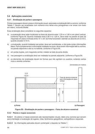 5.4 Aplicações essenciais
5.4.1 Sinalização de portas e passagens
Portas e passagens devem possuir informação visual, associada a sinalização tátil ou sonora, conforme
Tabela 1. Devem ser sinalizadas com números e/ou letras e/ou pictogramas e ter sinais com texto
em relevo, incluindo Braille.
Essa sinalização deve considerar os seguintes aspectos:
 a) a sinalização deve estar localizada na faixa de alcance entre 1,20 m e 1,60 m em plano vertical,
conforme Figura 59. Quando instalada entre 0,90 m e 1,20 m, deve estar na parede ao lado da
maçaneta em plano inclinado entre 15° e 30° da linha horizontal e atender ao descrito em 5.4.6.5,
quando exceder 0,10 m;
 b) a sinalização, quando instalada nas portas, deve ser centralizada, e não pode conter informações
táteis. Para complementar a informação instalada na porta, deve existir informação tátil ou sonora,
na parede adjacente a ela ou no batente, conforme a Figura 59;
 c) em portas duplas, com maçaneta central, instalar ao lado da porta direita;
 d) nas passagens a sinalização deve ser instalada na parede adjacente, conforme a Figura 59;
 e) os elementos de sinalização devem ter formas que não agridam os usuários, evitando cantos
vivos e arestas cortantes.
Dimensões em metros
a) Portas b) Passagens
Faixa de alcance acessível
para informações em plano
vertical
0,10
1,20
1,60
a) Porta b) Passagem
Figura 59 – Sinalização de portas e passagens – Faixa de alcance acessível
5.4.2 Planos e mapas acessíveis
5.4.2.1 Os planos e mapas acessíveis são representações visuais, táteis e/ou sonoras que servem
para orientação e localização de lugares, rotas, fenômenos geográficos, cartográficos e espaciais.
5.4.2.2 As informações aplicadas devem contemplar o disposto na Tabela 1.
44
ABNT NBR 9050:2015
© ABNT 2015 - Todos os direitos reservados
 