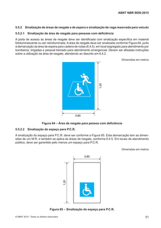 5.5.2 Sinalização de áreas de resgate e de espera e sinalização de vaga reservada para veículo
5.5.2.1 Sinalização de área de resgate para pessoas com deficiência
A porta de acesso às áreas de resgate deve ser identificada com sinalização específica em material
fotoluminescente ou ser retroiluminada. A área de resgate deve ser sinalizada conforme Figura 64, junto
à demarcação da área de espera para cadeira de rodas (6.4.5), em local segregado para atendimento por
bombeiros, brigadas e pessoal treinado para atendimento emergencial. Devem ser afixadas instruções
sobre a utilização da área de resgate, atendendo ao descrito em 6.4.2.
Dimensões em metros
1,20
0,80
Figura 64 – Área de resgate para pessoa com deficiência
5.5.2.2 Sinalização de espaço para P.C.R.
A sinalização do espaço para P.C.R. deve ser conforme a Figura 65. Esta demarcação tem as dimen-
sões de um M.R. e também se aplica às áreas de resgate, conforme 6.4.5. Em locais de atendimento
público, deve ser garantido pelo menos um espaço para P.C.R.
Dimensões em metros
1,20
0,80
Figura 65 – Sinalização do espaço para P.C.R.
51
ABNT NBR 9050:2015
© ABNT 2015 - Todos os direitos reservados
 