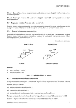 6.6.4.1 Quando houver porta nos patamares, sua área de varredura não pode interferir na dimensão
mínima do patamar.
6.6.4.2 A inclinação transversal dos patamares não pode exceder 2 % em rampas internas e 3 % em
rampas externas.
6.7 Degraus e escadas fixas em rotas acessíveis
Quando houver degraus ou escadas em rotas acessíveis, estes devem estar associados a rampas
ou equipamentos eletromecânicos de transporte vertical. Deve-se dar preferência à rampa.
6.7.1 Características dos pisos e espelhos
Nas rotas acessíveis não podem ser utilizados degraus e escadas fixas com espelhos vazados.
Quando houver bocel ou espelho inclinado, a projeção da aresta pode avançar no máximo 1,5 cm
sobre o piso abaixo, conforme Figura 74.
Dimensões em centímetros
Bocel 1,5 cm
Bocel
e
e
p
p
Quina 1,5 cm
Quina
a) Bocel b) Espelho inclinado
a) Bocel b) Espelho inclinado
Legenda
e altura do degrau = espelho
p largura do degrau = piso
Figura 74 – Altura e largura do degrau
6.7.2 Dimensionamento de degraus isolados
A sequência de até dois degraus é considerada degrau isolado. Degraus isolados devem ser evitados.
Quando utilizados, devem:
 a) seguir o dimensionamento em 6.8.2;
 b) conter corrimão conforme 6.9;
 c) ser devidamente sinalizados em toda a sua extensão, conforme 5.4.4.1.
Rampas junto aos degraus isolados devem ter largura livre mínima de 1,20 m, conforme 6.6.2.5.
Quando o degrau isolado for uma soleira, deve ser atendido o descrito em 6.3.4.4.
61
ABNT NBR 9050:2015
© ABNT 2015 - Todos os direitos reservados
 